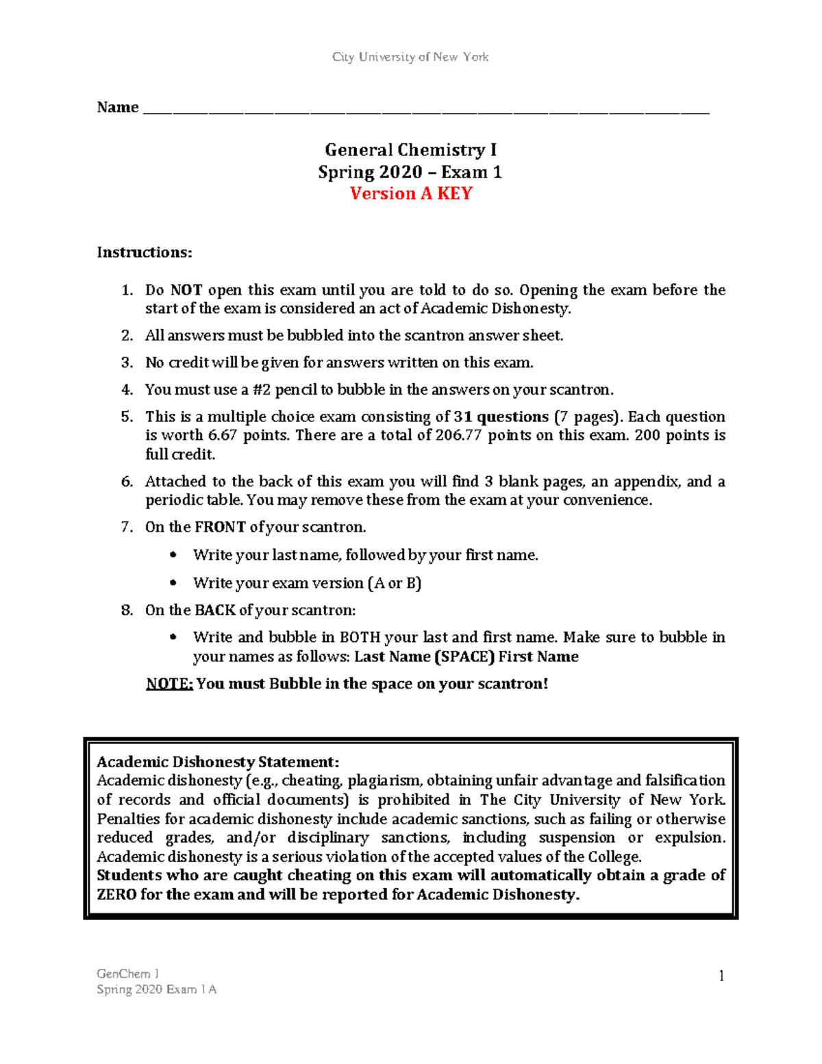 GenChem I - Spring 2020 Exam 1 Version A Practice Key - Studocu
