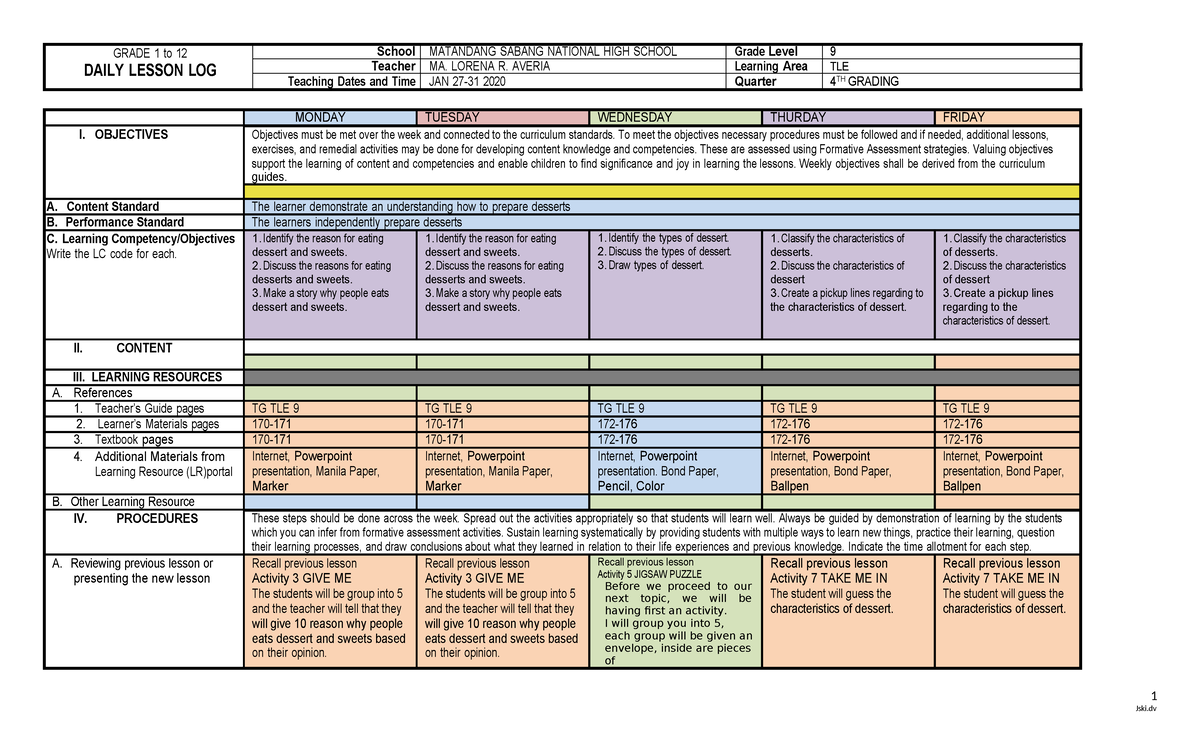 Grade 9 TLE Cookery Daily Lesson Log: Objectives & Activities - Studocu