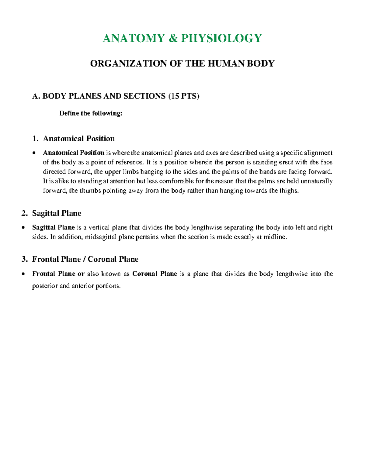 Anatomy (ANP 101) - Anatomical Position & Body Planes Assignment - Studocu