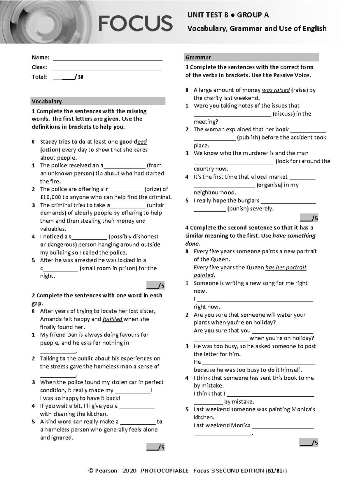 Focus 3 2E Unit Test 8: Vocabulary and Grammar Group A - Studocu