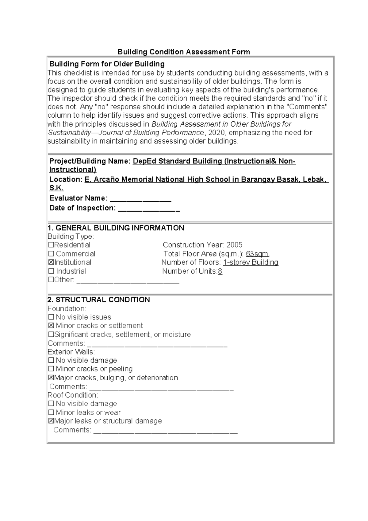 Building Condition Assessment Form for Older Structures (DepEd) - Studocu