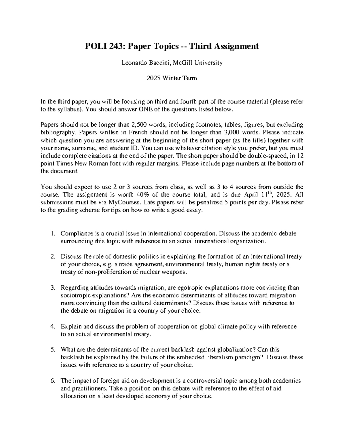POLI 243: Third Assignment Paper Topics for Winter 2025 - Studocu