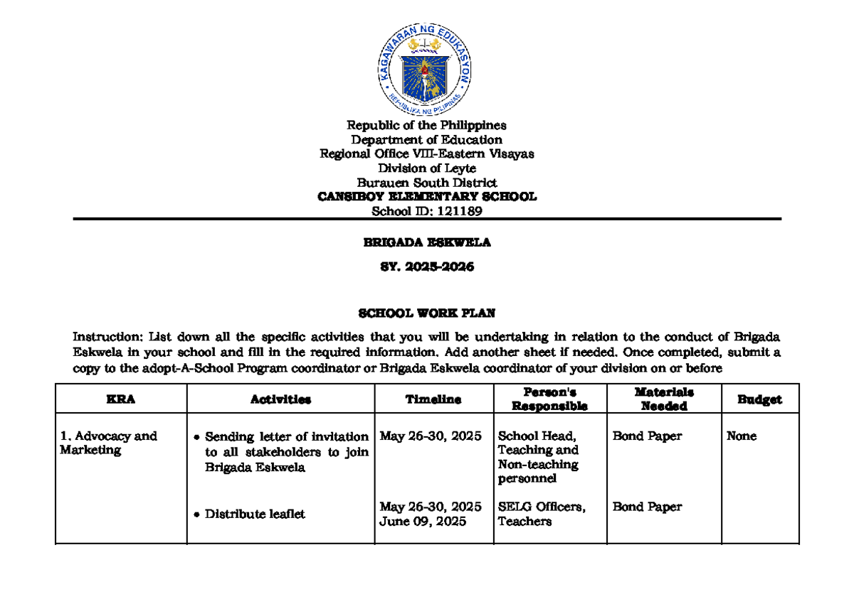 121189 Brigada Eskwela 2025 Work Plan for Cansiboy Elementary School ...