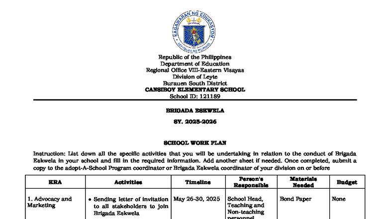 121189 Brigada Eskwela 2025 Work Plan for Cansiboy Elementary School ...
