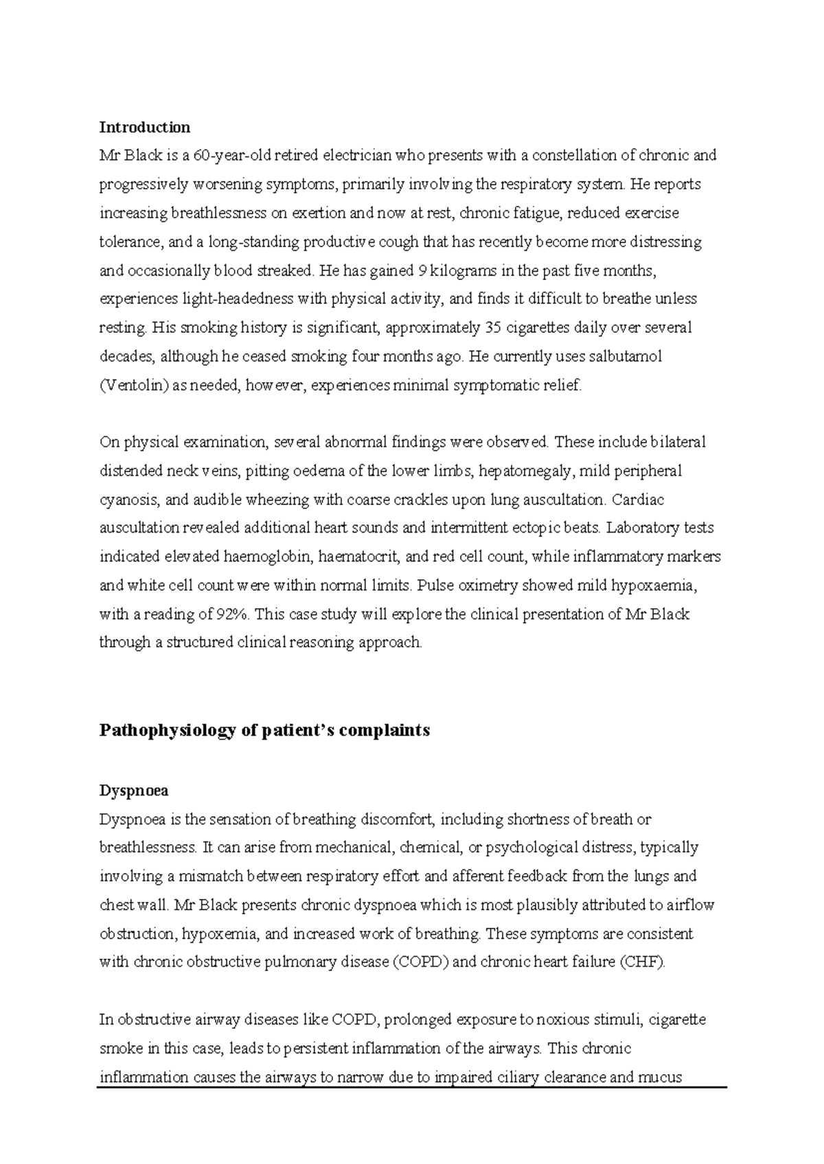 Pathophysiology Case Study: Mr. Black's Respiratory and Cardiac ...