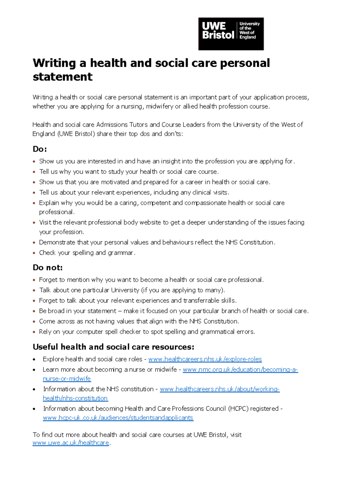 Health & Social Care Personal Statement Guide: Tips & Resources - Studocu