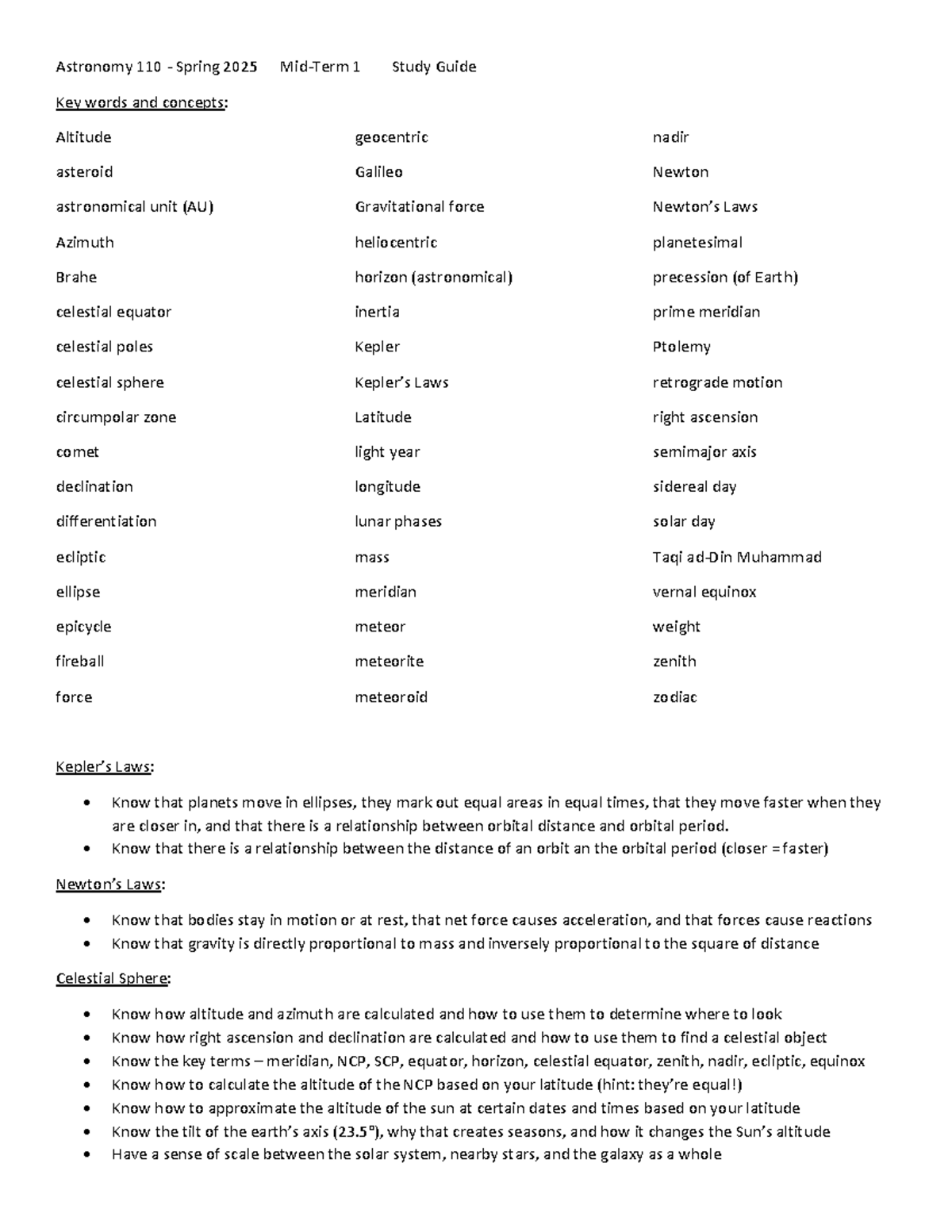 Astronomy 110 - Spring 2025 Mid-Term 1 Study Guide Overview - Studocu