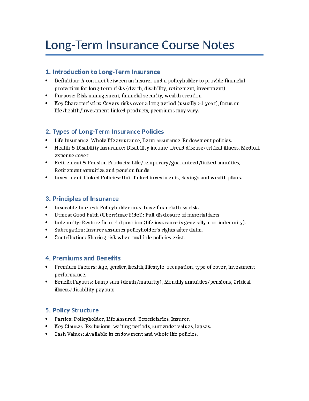 Long Term Insurance Course Notes: Key Concepts and Policies - Studocu
