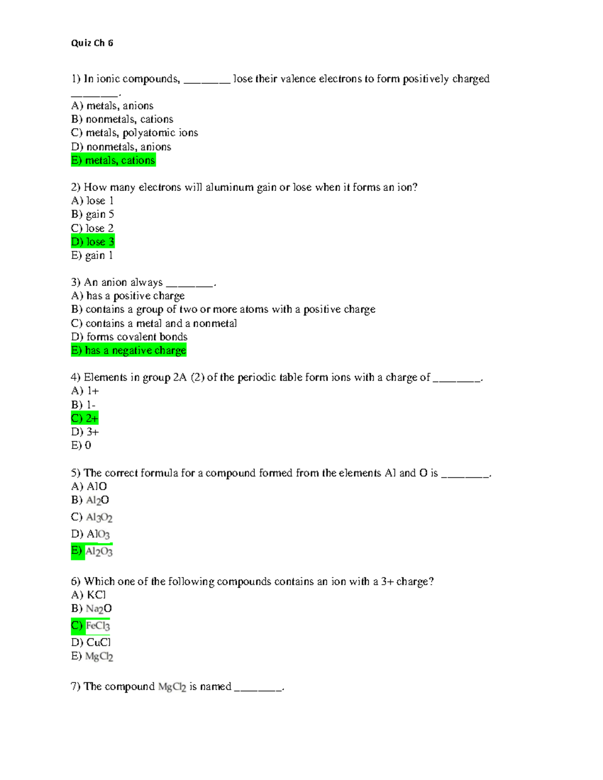 Quiz Ch 6: Ionic Compounds and Bonding Concepts - Studocu