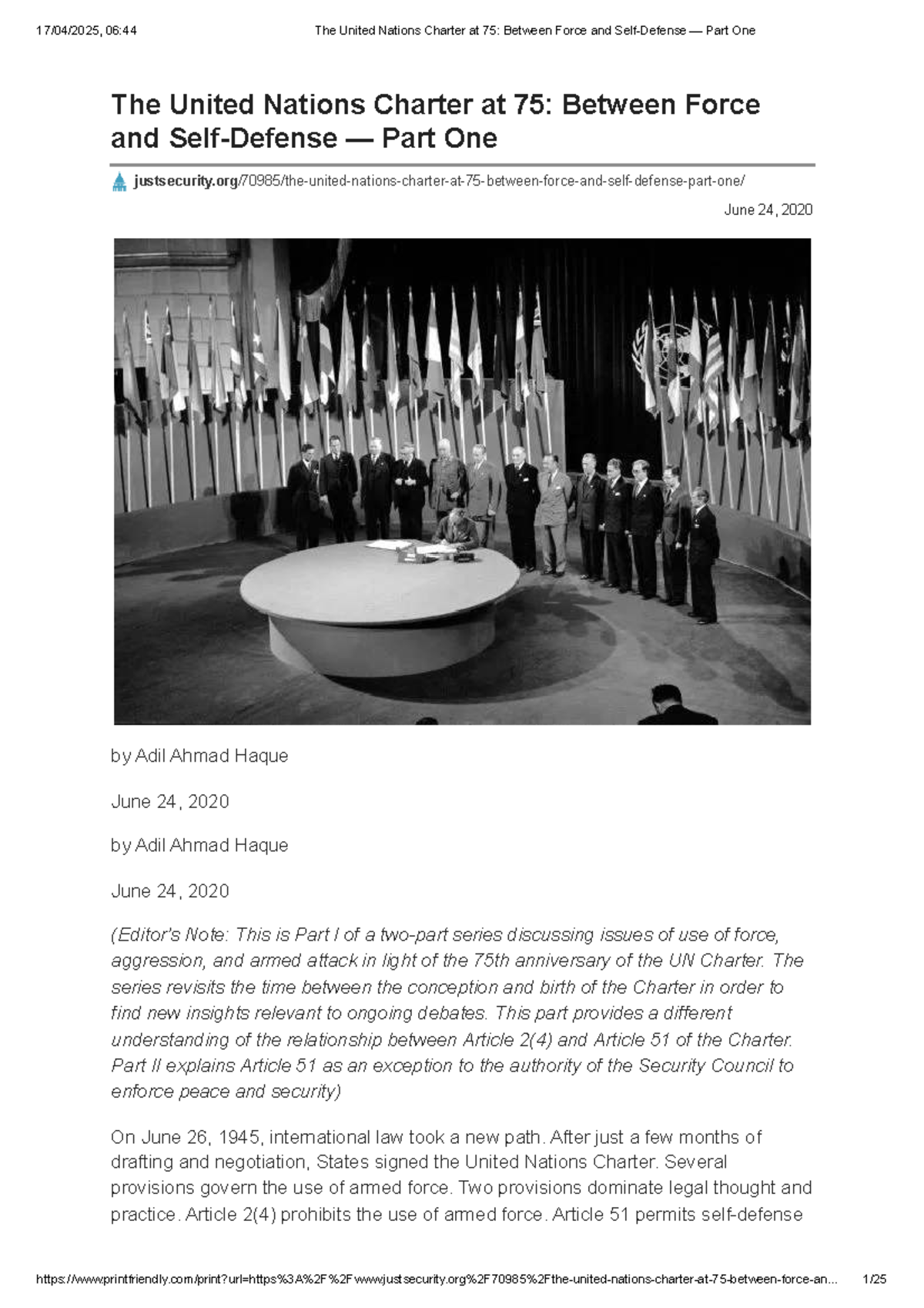The United Nations Charter at 75: Force and Self-Defense - Part I - Studocu