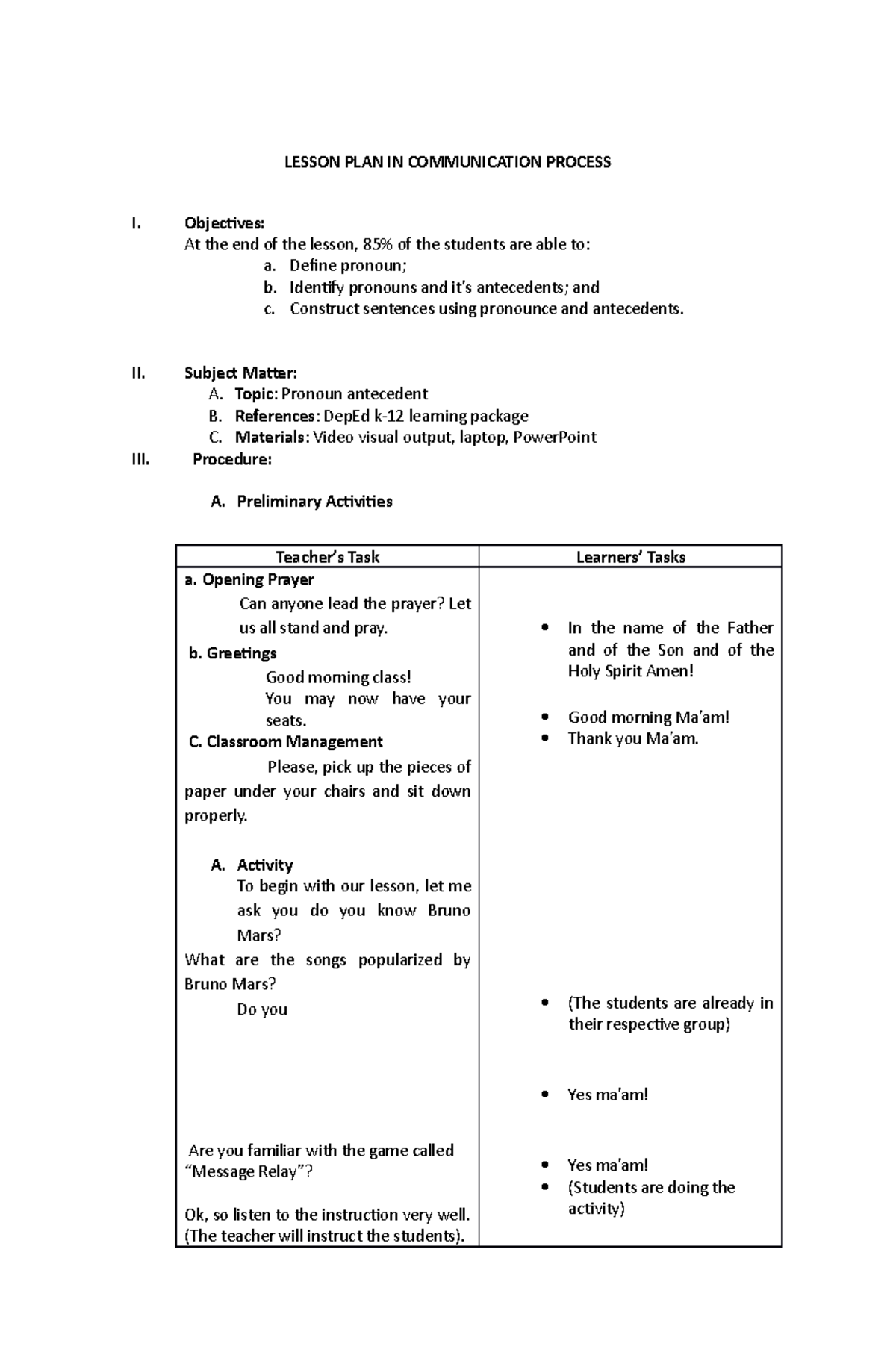 COMM 101: Lesson Plan on Pronouns & Communication Process - Studocu
