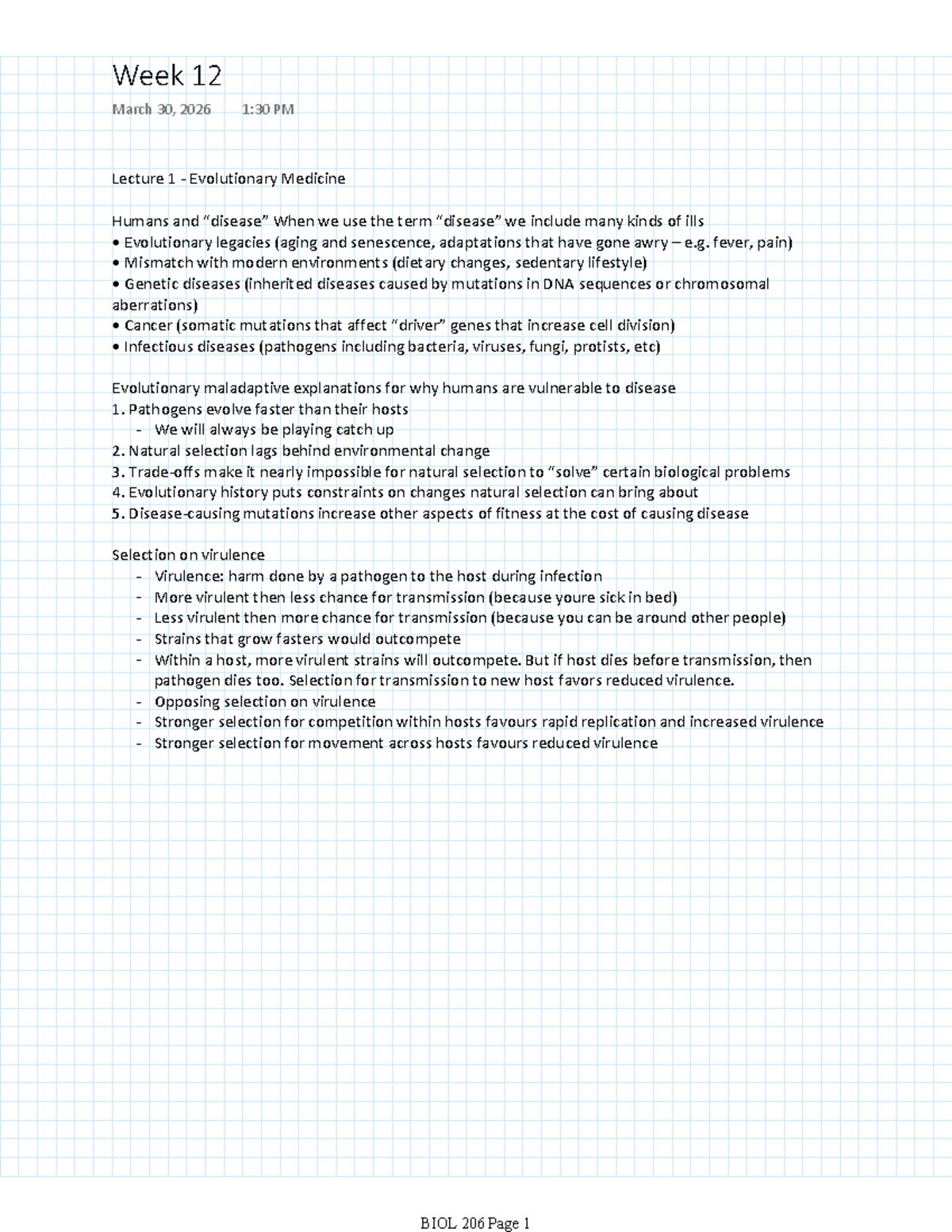 BIOL 206 - Week 12 Lecture Notes: Evolutionary Medicine Insights - Studocu