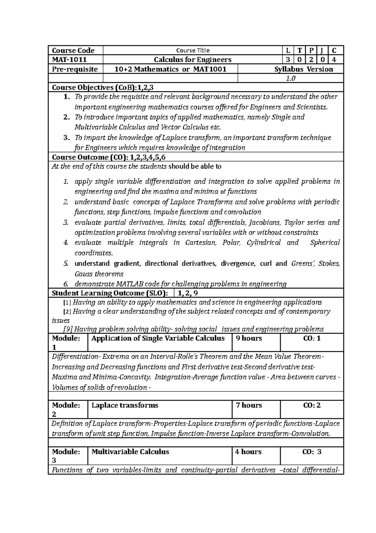 MAT1011 Calculus for Engineers Syllabus Overview and Objectives - Studocu