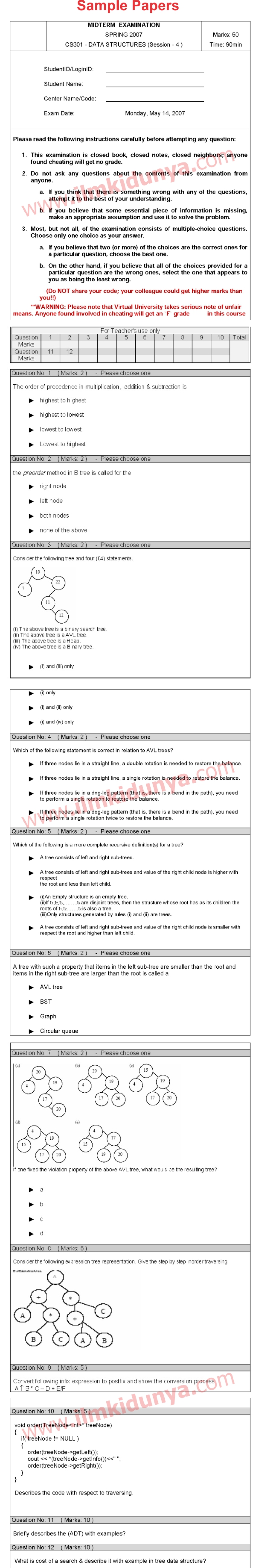 CS301 Data Structures BS Computer Science VU University Past Papers ...
