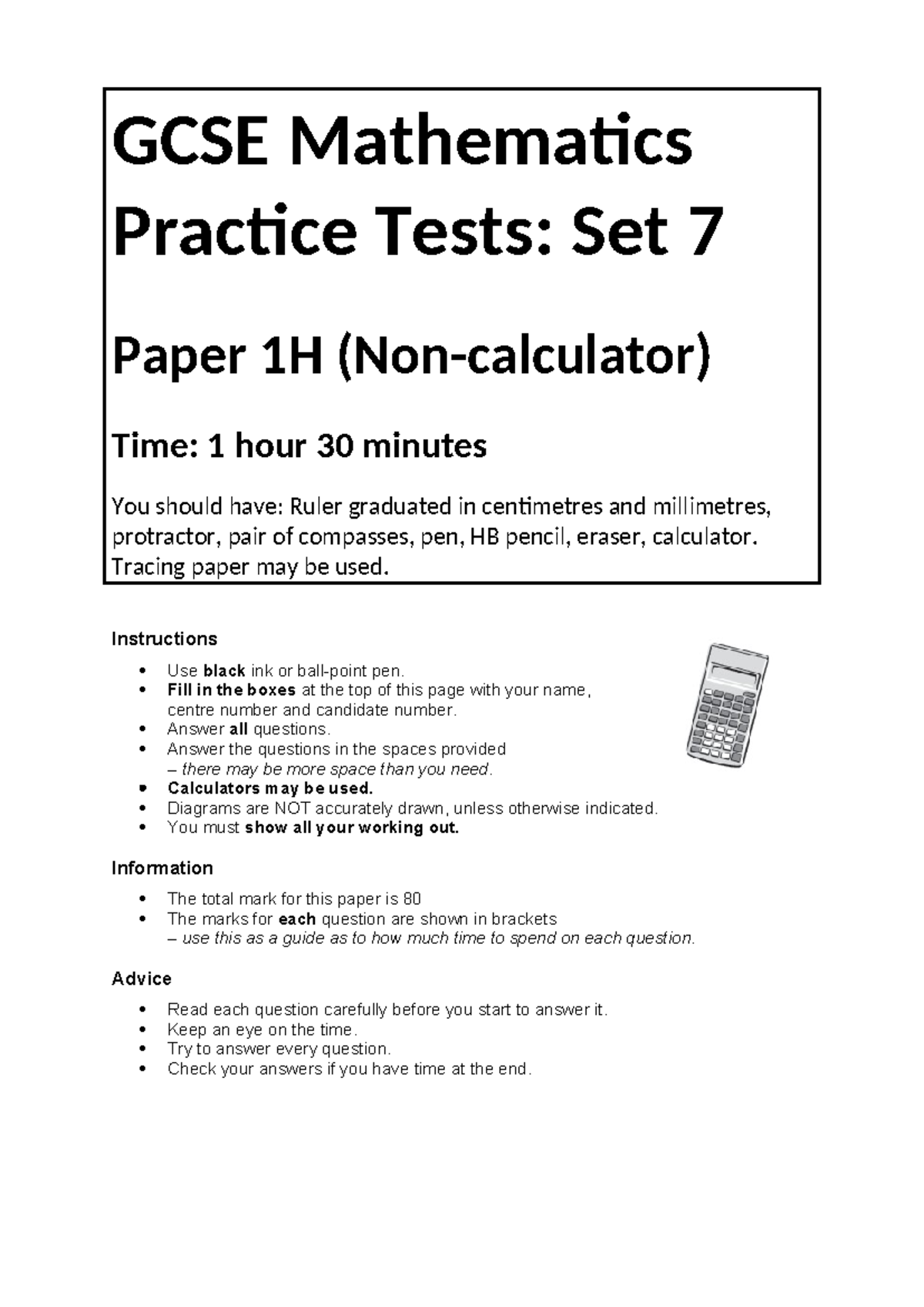GCSE Maths Practice Tests: Set 7 Paper 1H - Spring 2018 - Studocu