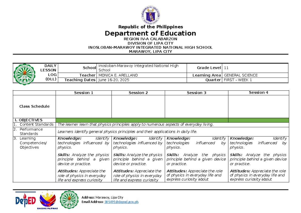 Q1-W1 Daily Lesson Log for Grade 11 General Science - Studocu