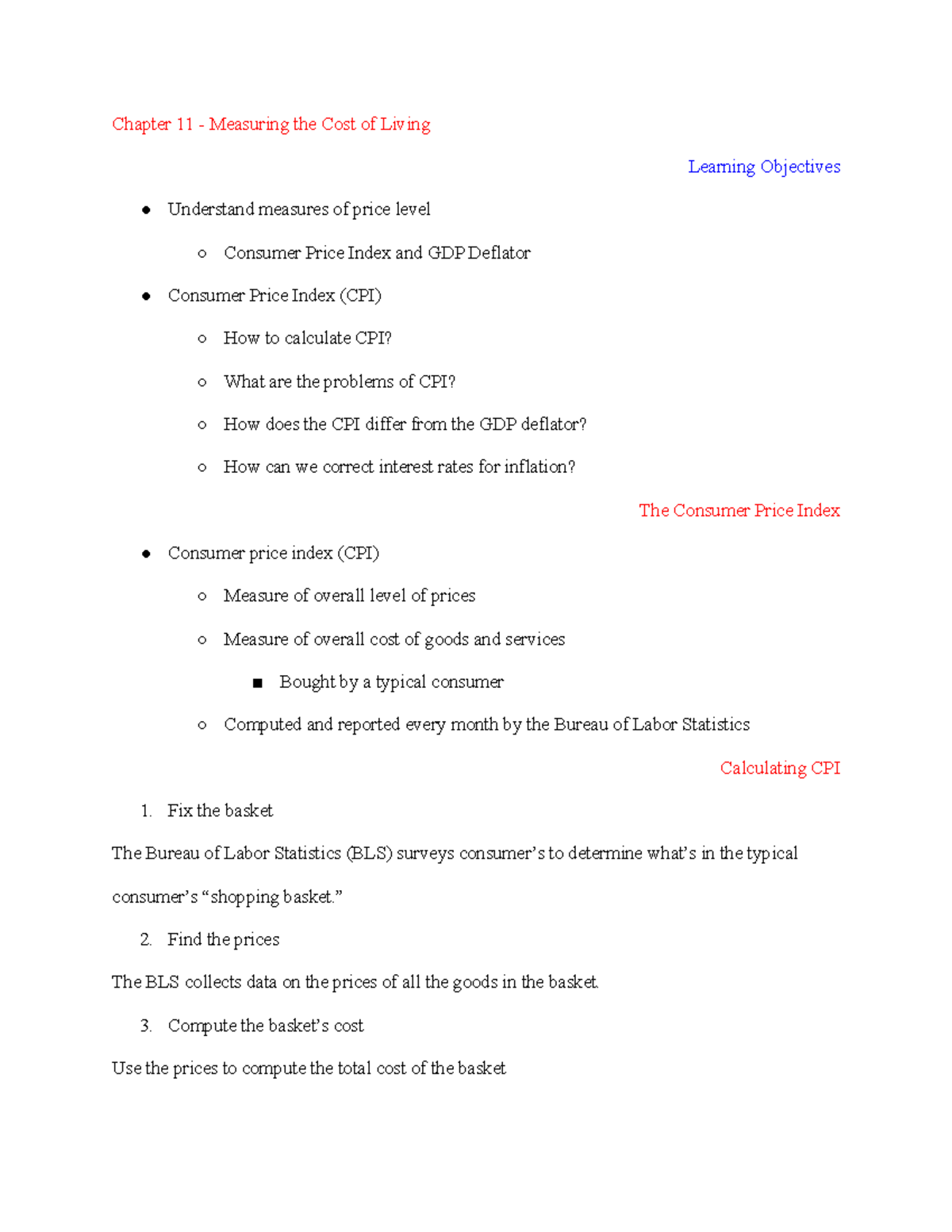Macroeconomics Ch. 11 - Chapter 11 - Measuring the Cost of Living ...