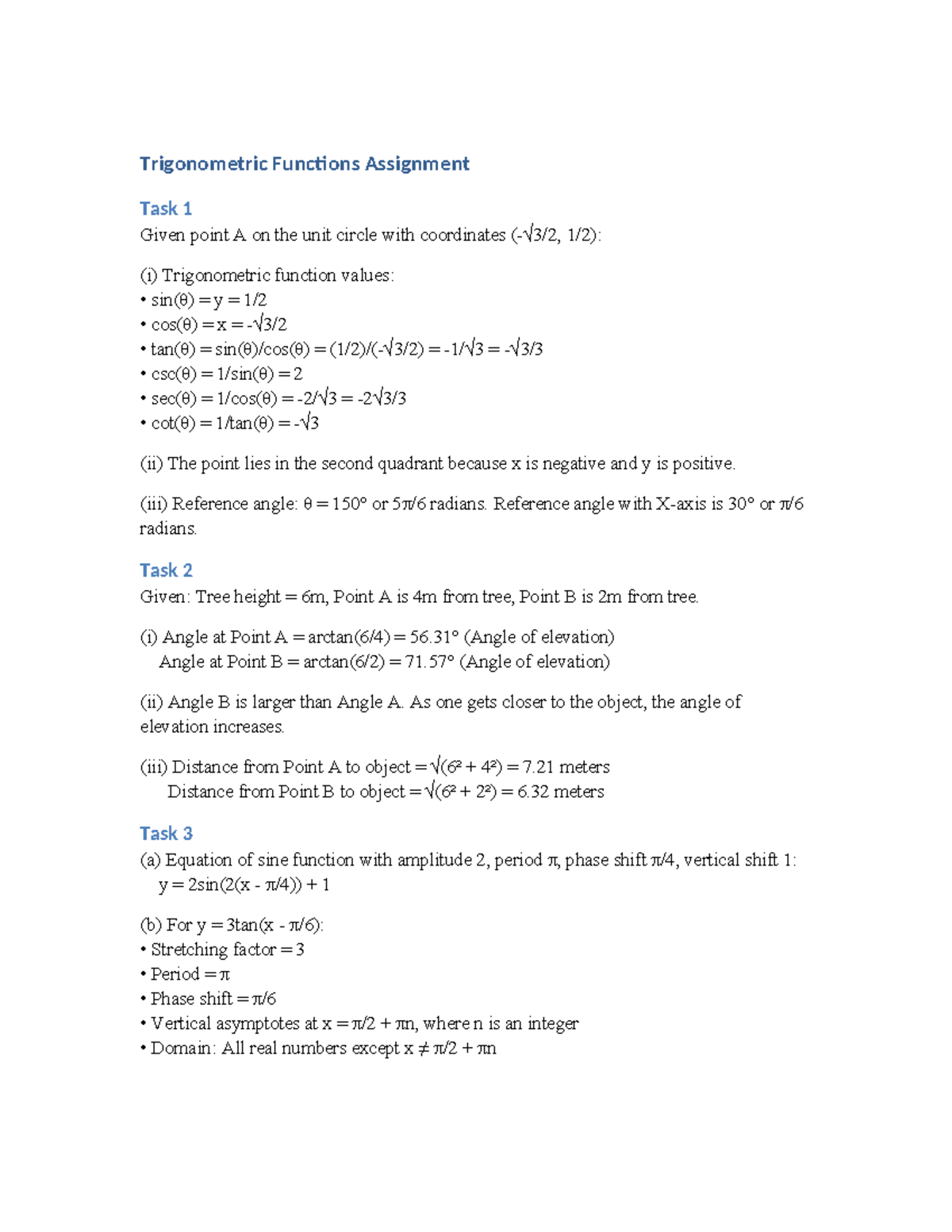 Trigonometric Functions Assignment (Task 1-3) - Studocu