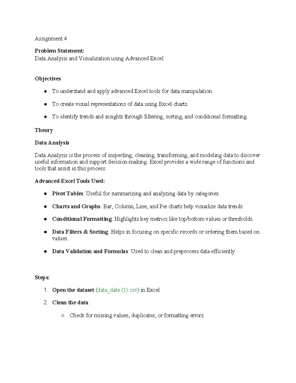 Assignment 4: Data analysis and visualization using advanced Excel ...