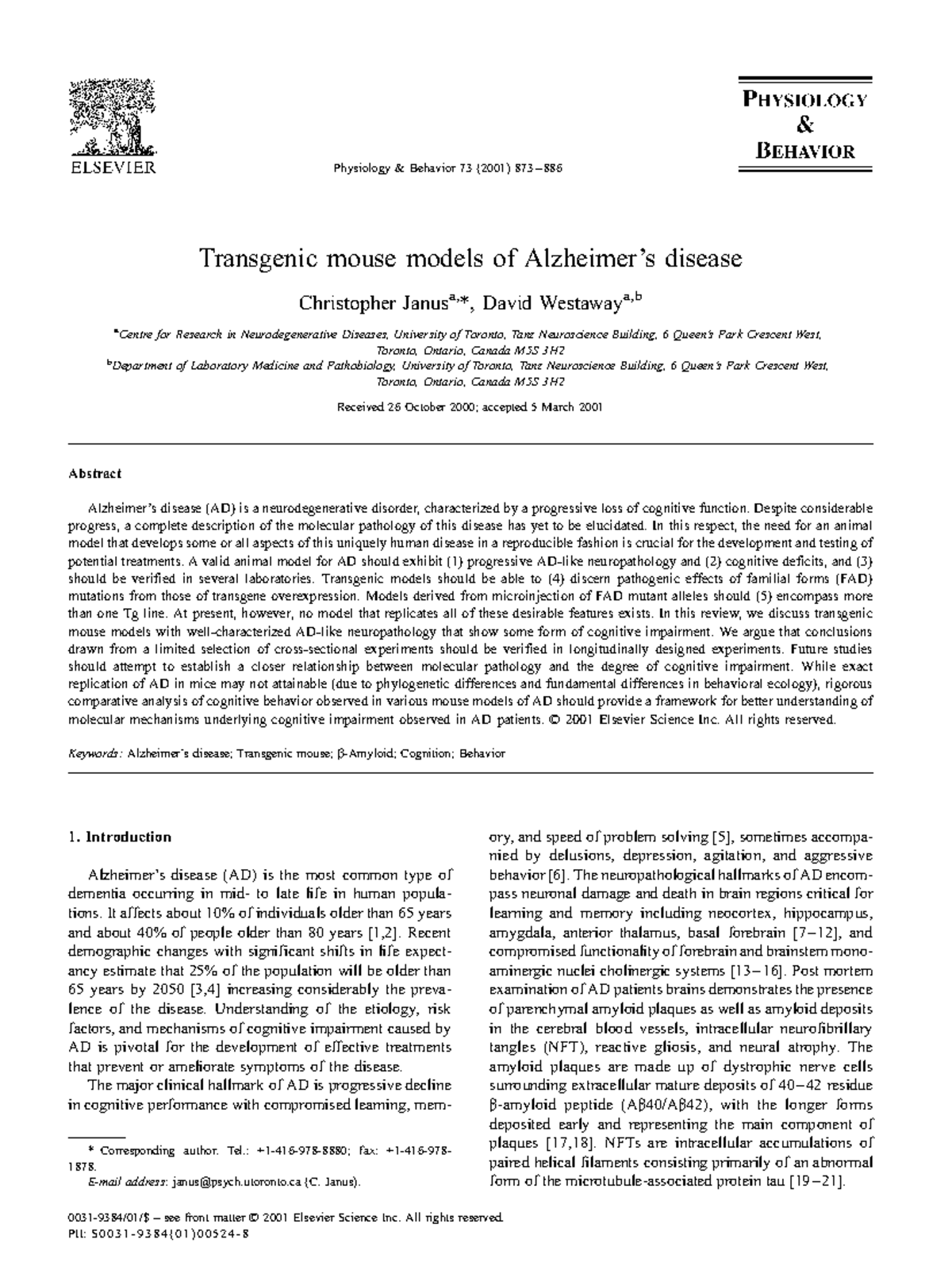 Transgenic Mouse Models of Alzheimer's Disease: A Comprehensive Review ...