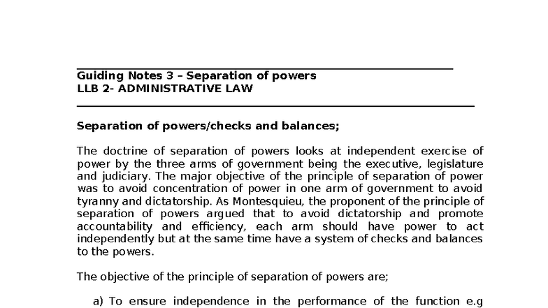 Guiding Notes 3: Separation of Powers in LLB Administrative Law - Studocu
