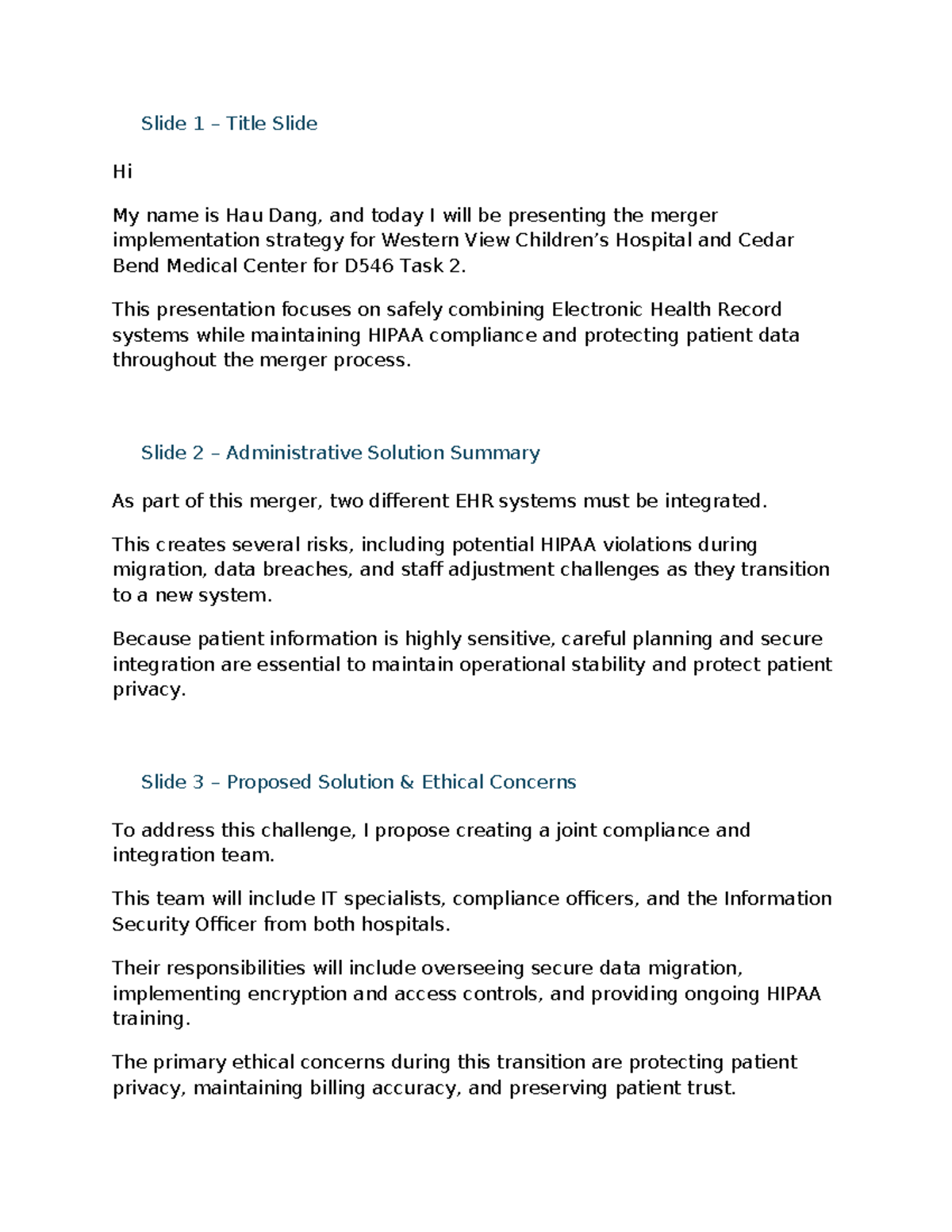 D546 Task 2: Merger Implementation Strategy for EHR Systems - Studocu