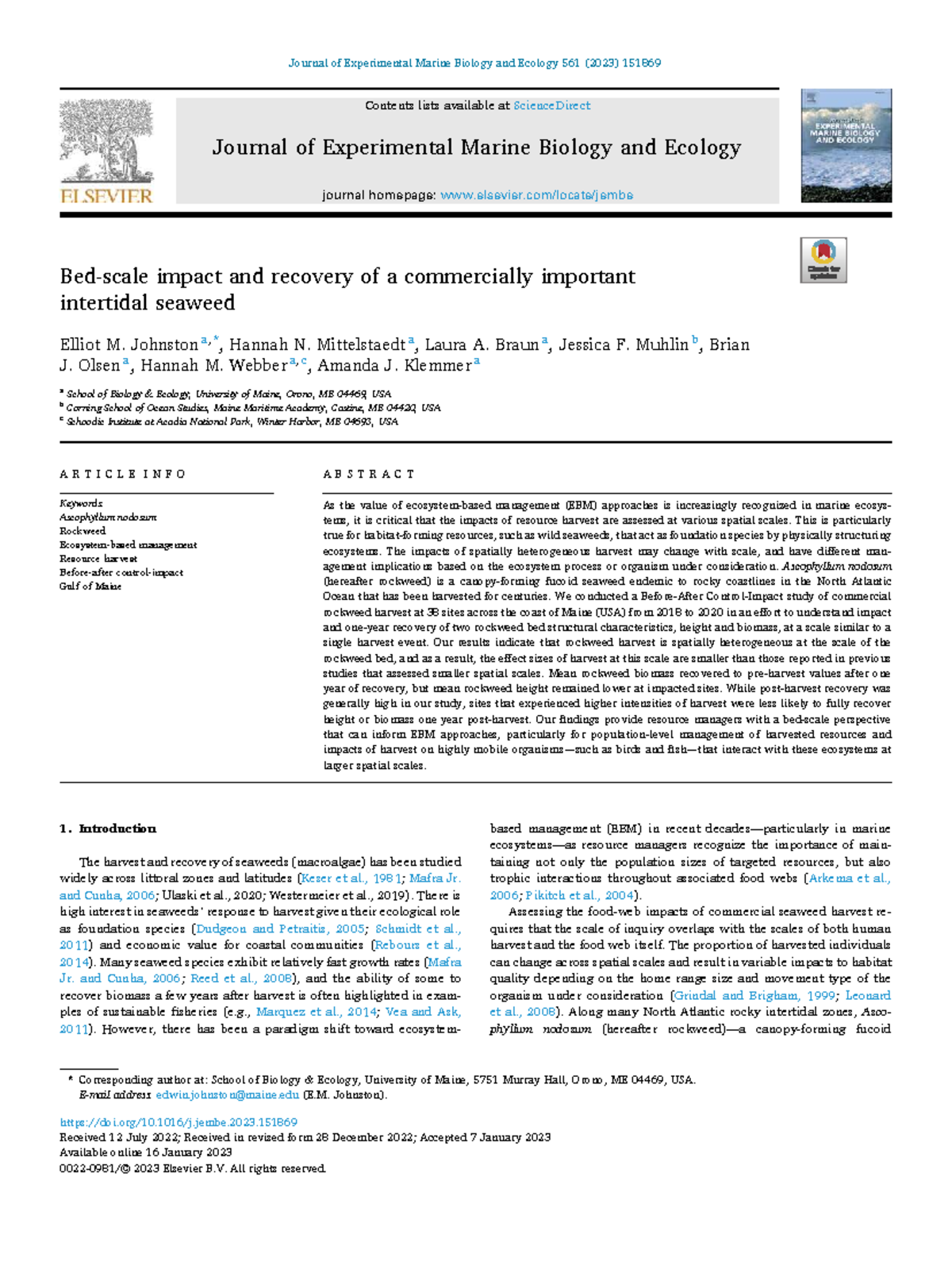 BACI Study on Bed-Scale Impacts & Recovery of Rockweed (Ascophyllum ...