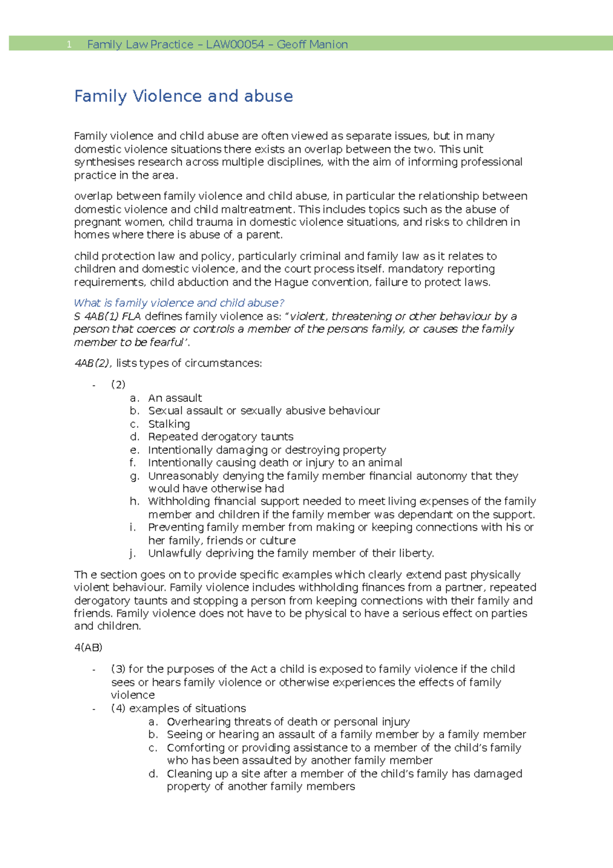 Family Law Notes - Domestic Violence and Child Abuse - LAW00054 - Studocu