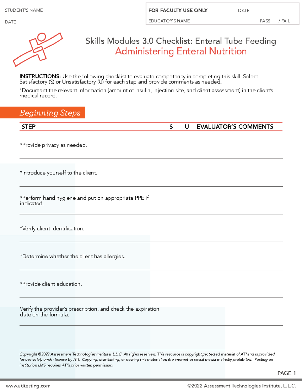 Skills Checklist Enteral Administer - atitesting ©2022 Assessment ...