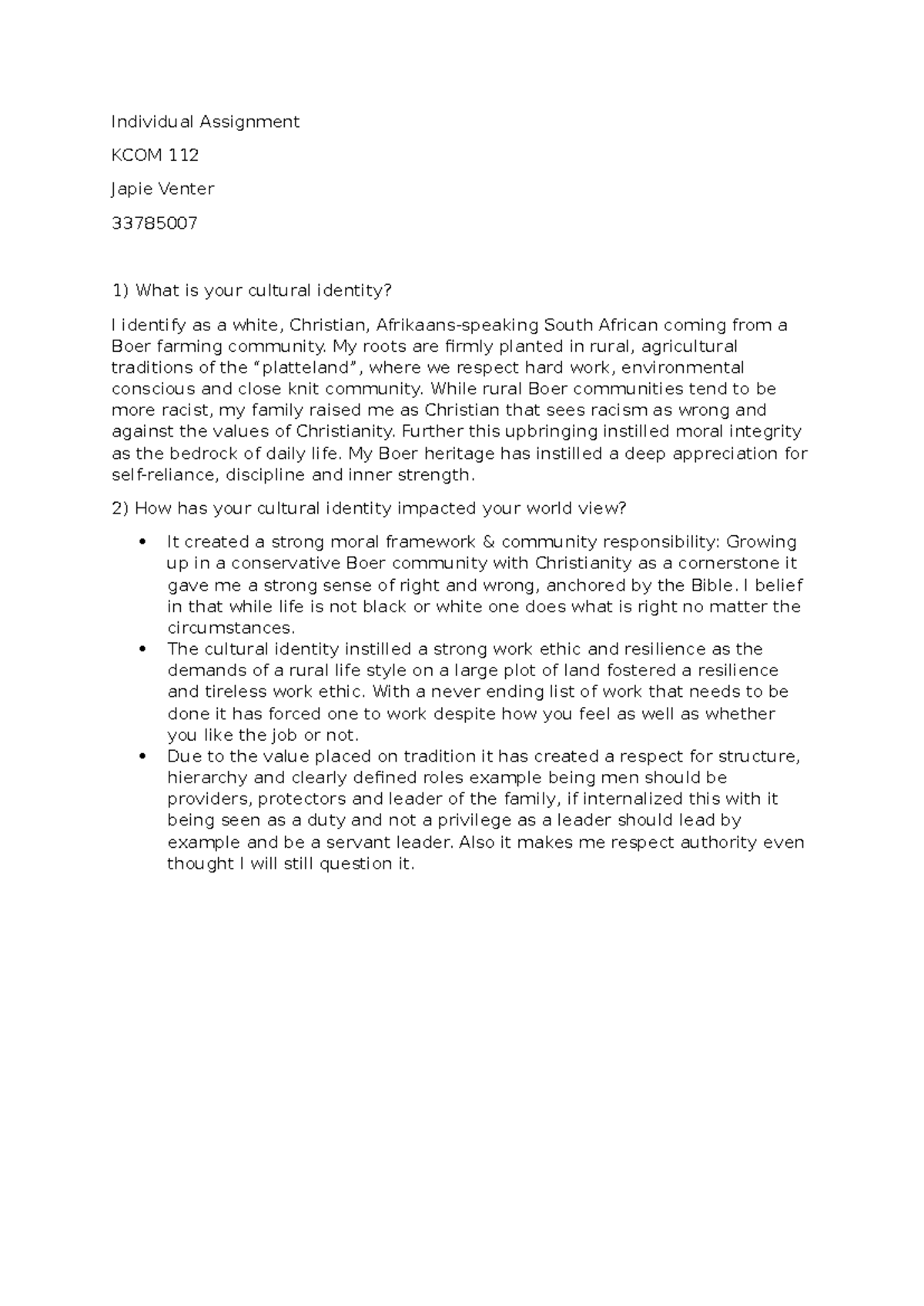 Cultural Identity Reflection: KCOM 112 Individual Assignment - Studocu