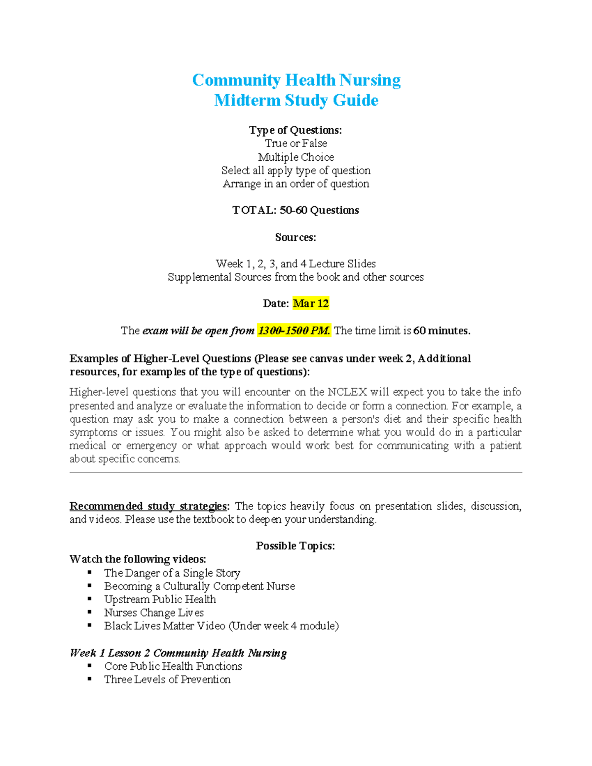 Commhea Nurs 101 Midterm Study Guide: True/False & MC Questions - Studocu