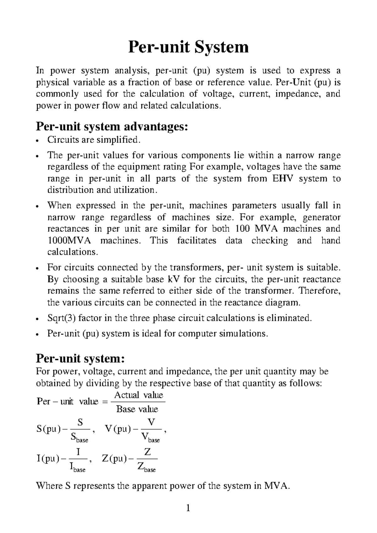 Per Unit System Analysis in Power Systems (1539801888) - Studocu