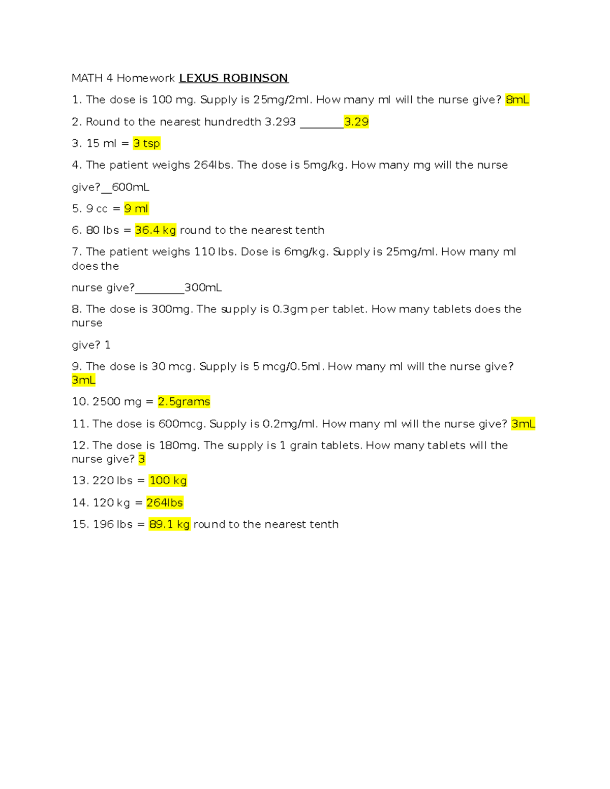 MATH 4 Homework: Dosage Calculations and Conversions - Studocu