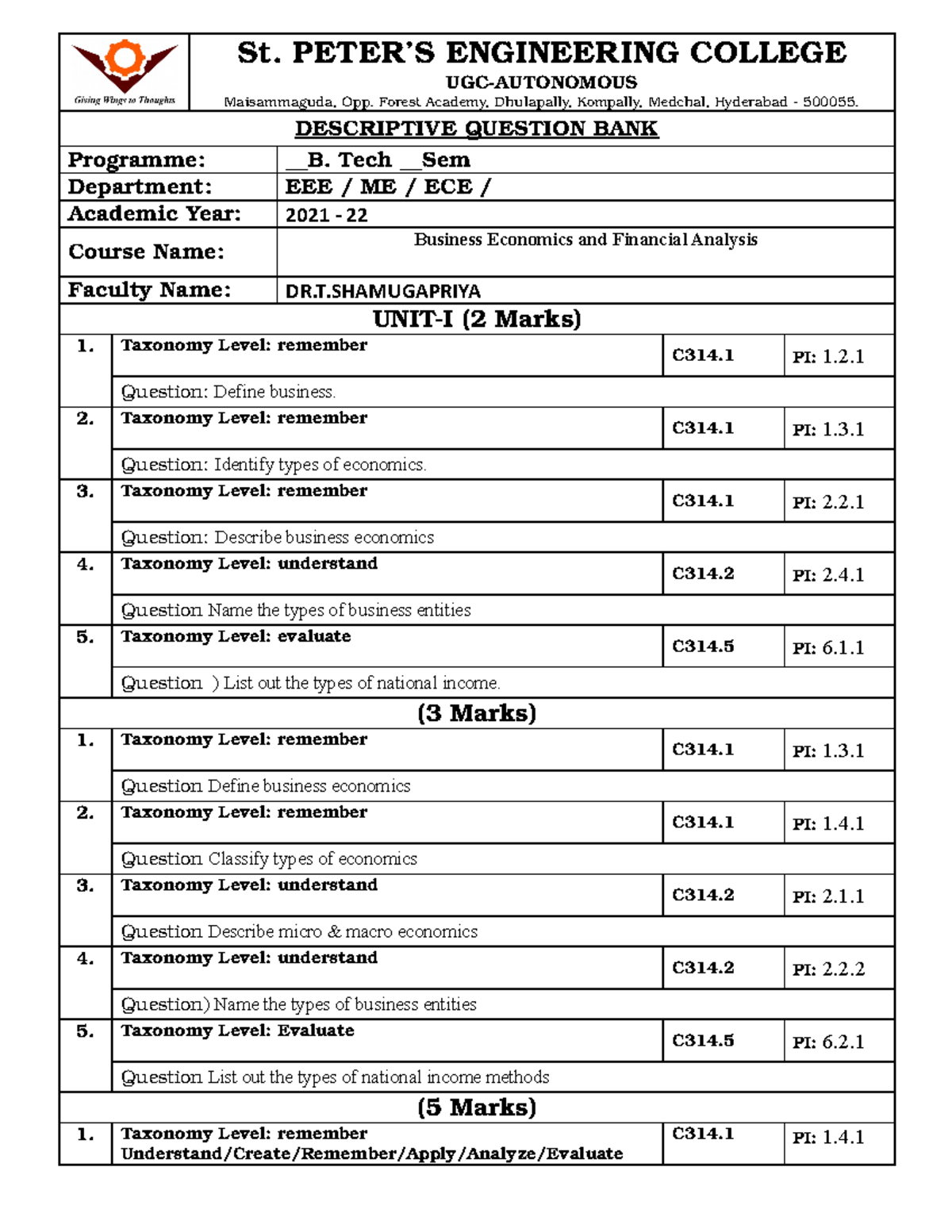 BEFA C314 Descriptive Question Bank for Business Economics - Studocu