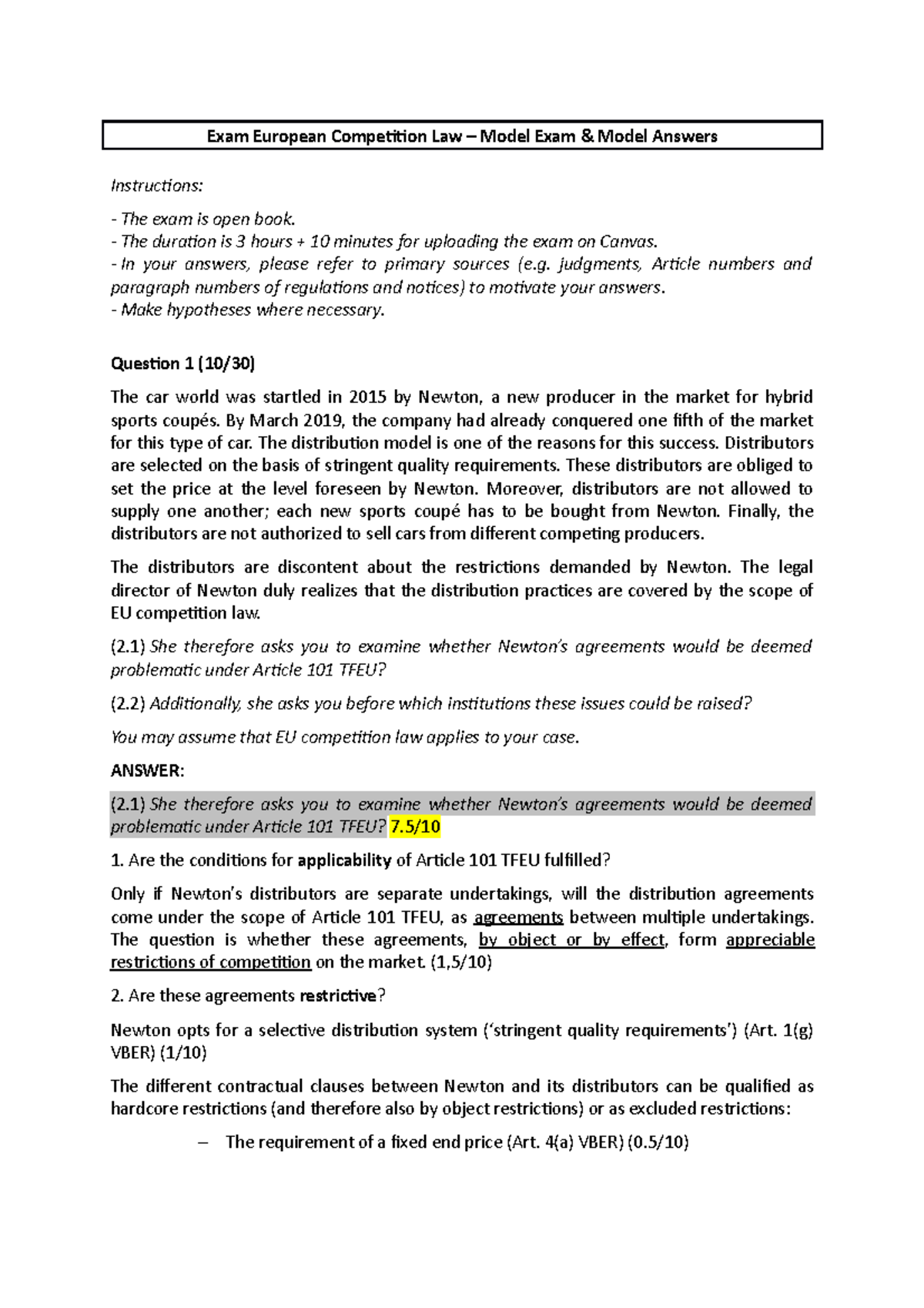 EU Competition Law Model Exam: Comprehensive Q&A Guide - Studeersnel