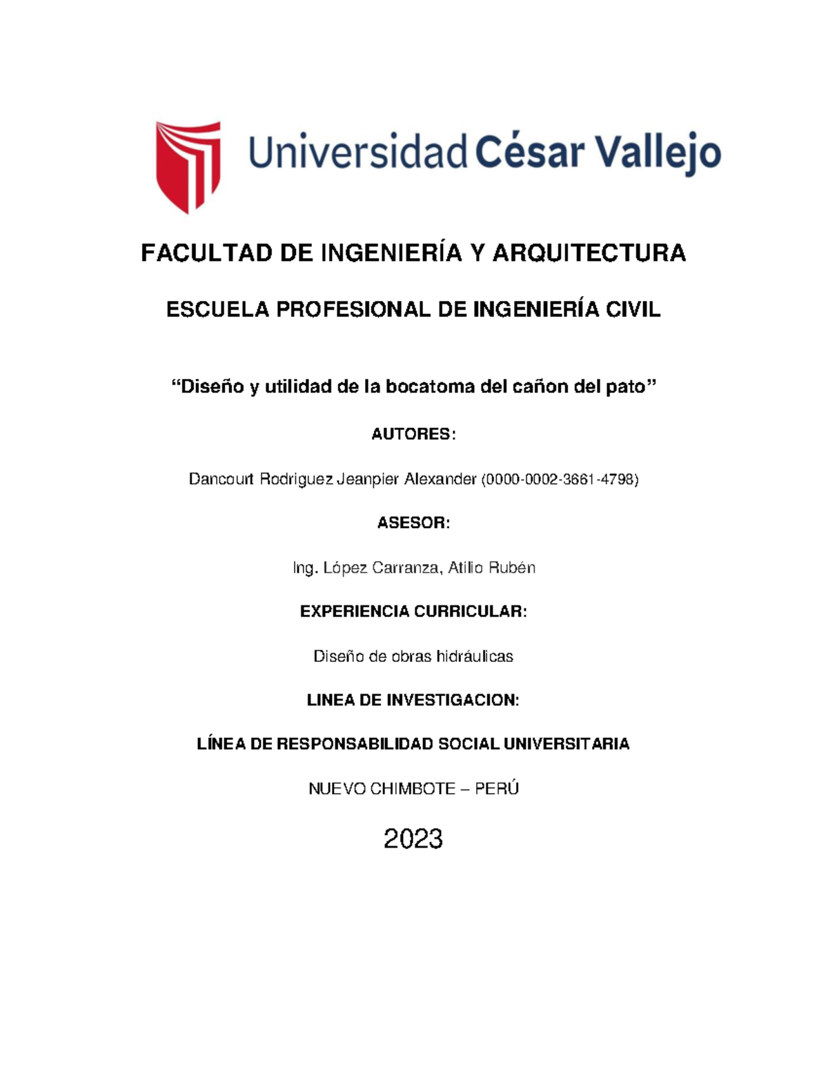 Diseño y Funcionalidad de la Bocatoma en el Cañón del Pato (2023) - Document Preview