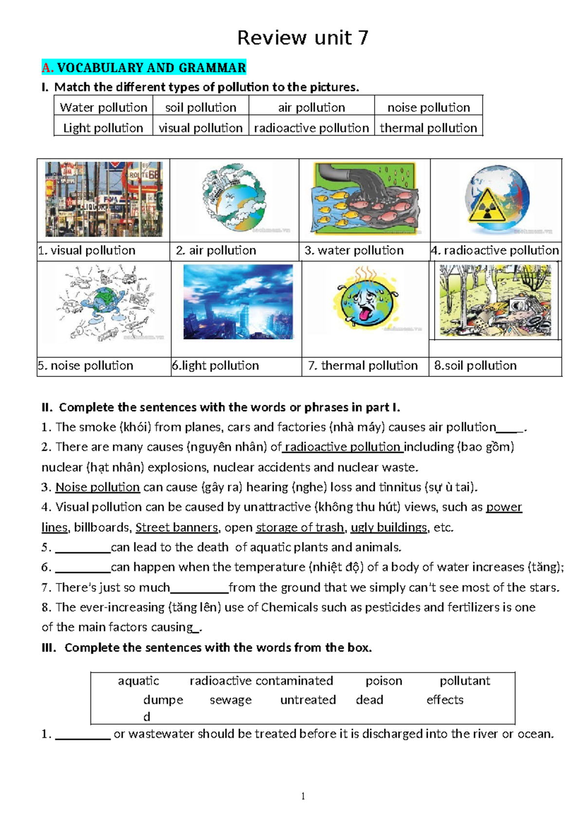 Review unit 7 - english - Review unit 7 A. VOCABULARY AND GRAMMAR I ...