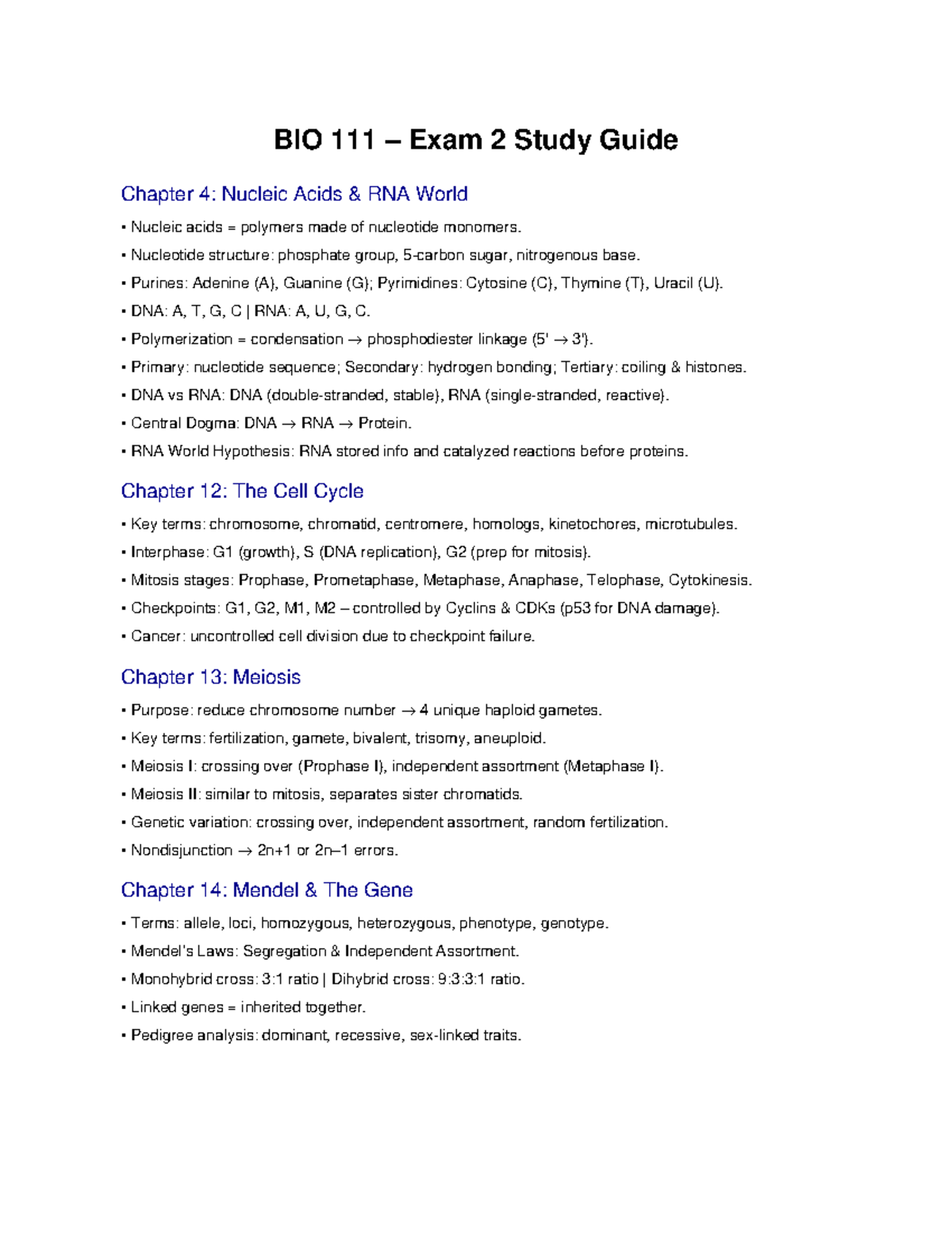 BIO 111 – Exam 2 Study Guide: Nucleic Acids, Cell Cycle & Genetics ...