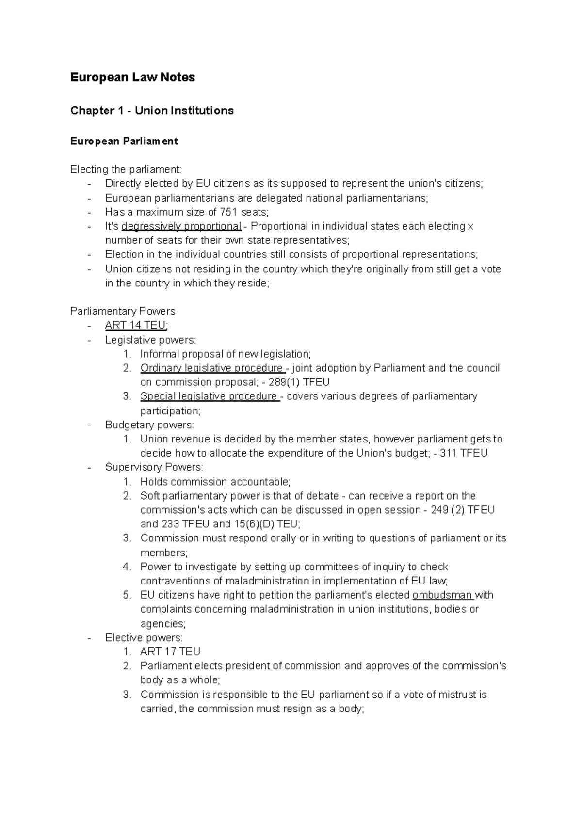 European Law Notes (2021): Comprehensive Overview of Union Institutions ...