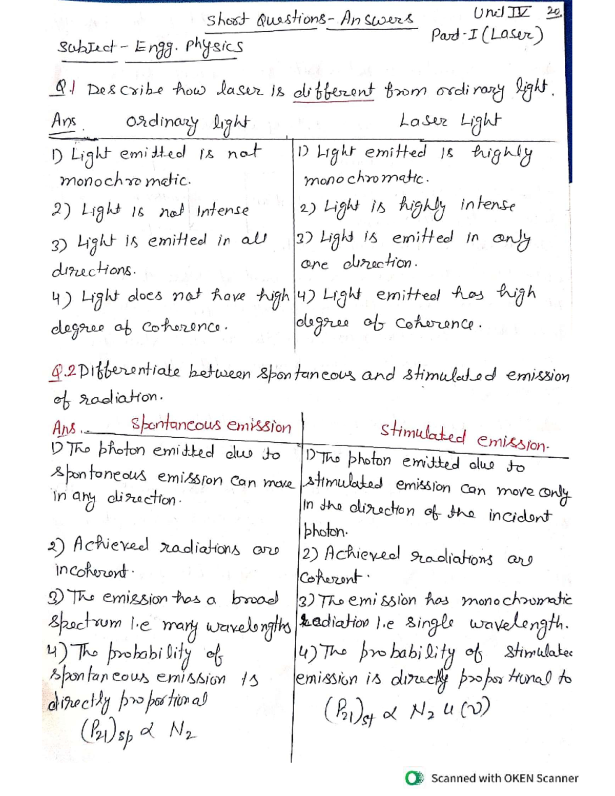 Short Questions Unit IV (Engg. Physics) - Fiber Optics & Laser - Studocu