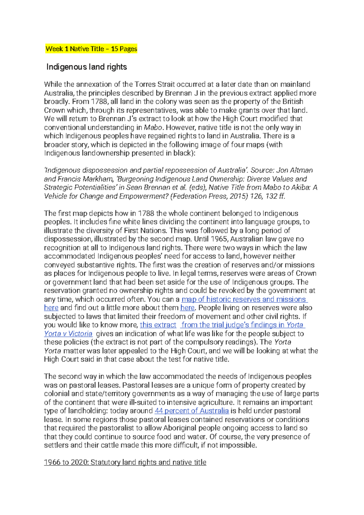 Land Law Revision: Week 1 - Native Title and Indigenous Rights (15 ...