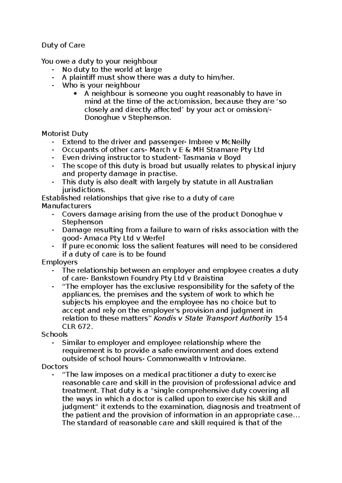Duty of Care: Key Principles and Case Law - Lecture Notes - Studocu