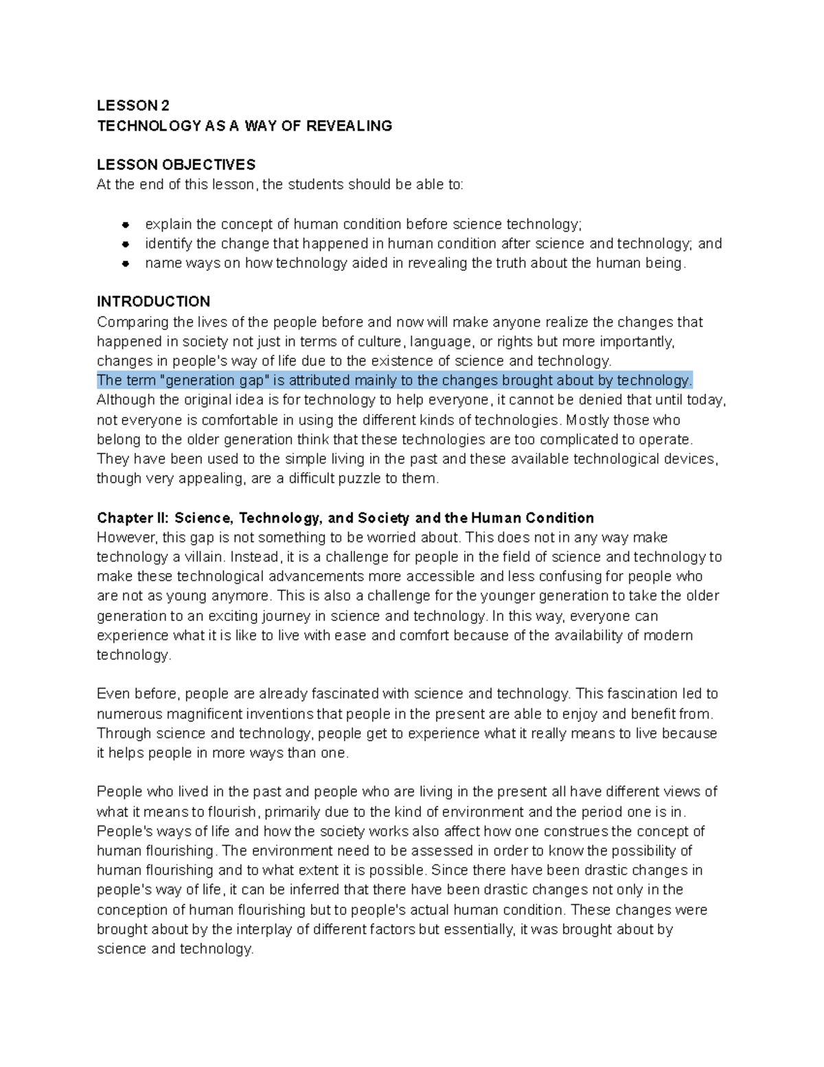 STS Lesson 2: Technology as a Means of Revealing Human Conditions - Studocu