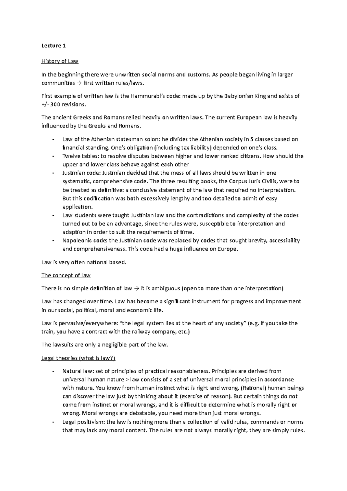 Summary of Lectures - Introduction to Law (LAW101) - Studeersnel