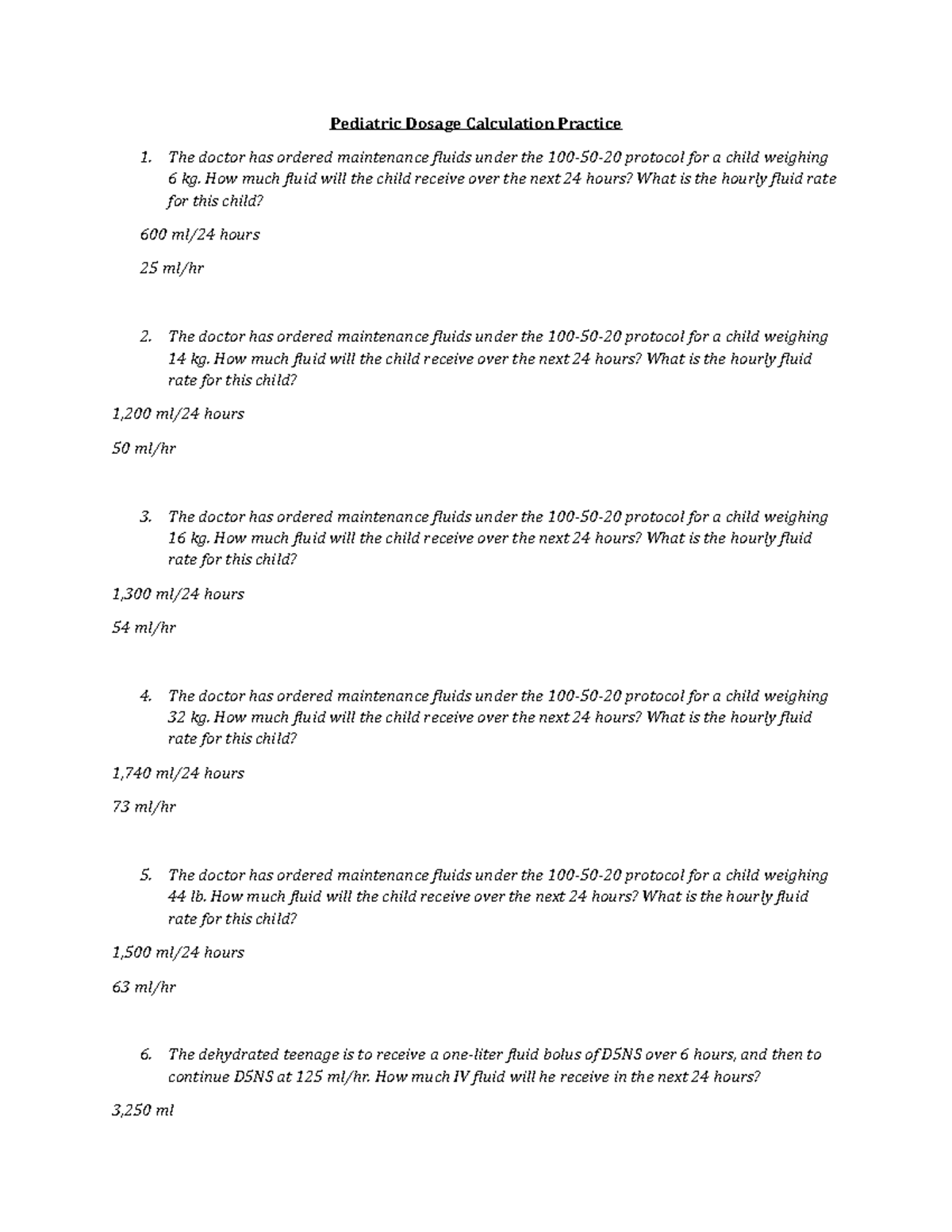 Pediatric Dosage Calculation Practice Questions Answer Key - Pediatric ...