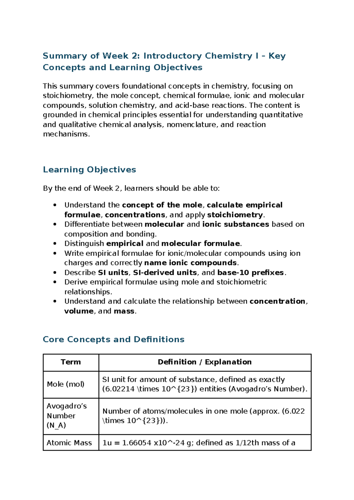 WEEK 2 Summary: Key Concepts in Introductory Chemistry I - Studocu