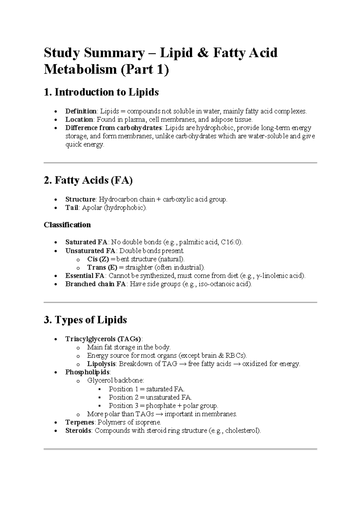 Lipid Metabolism Study Summary BCHN CT3: Part 1 Overview - Studocu