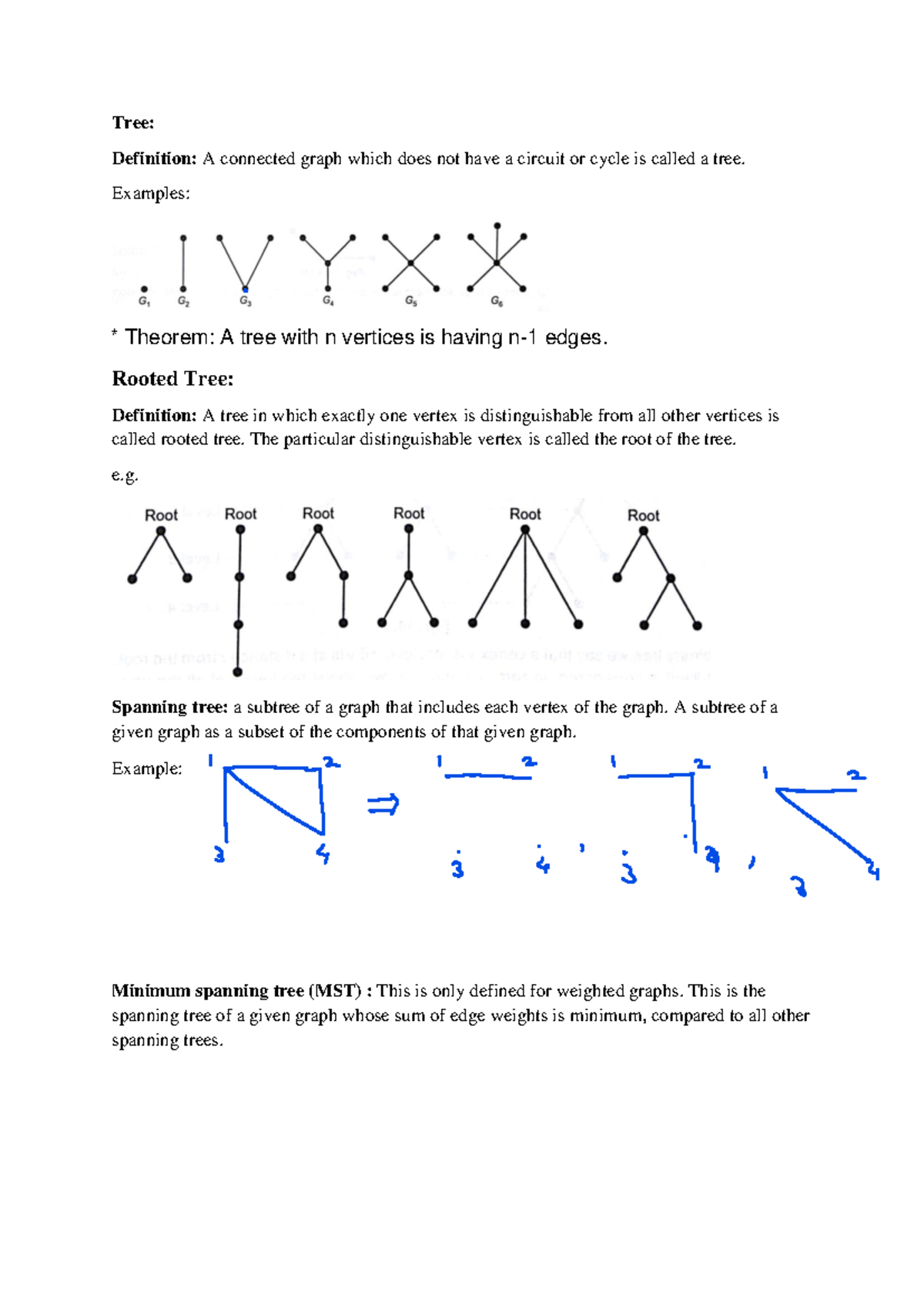 Trees - MATHS NOTES - Tree: Definition: A connected graph which does ...