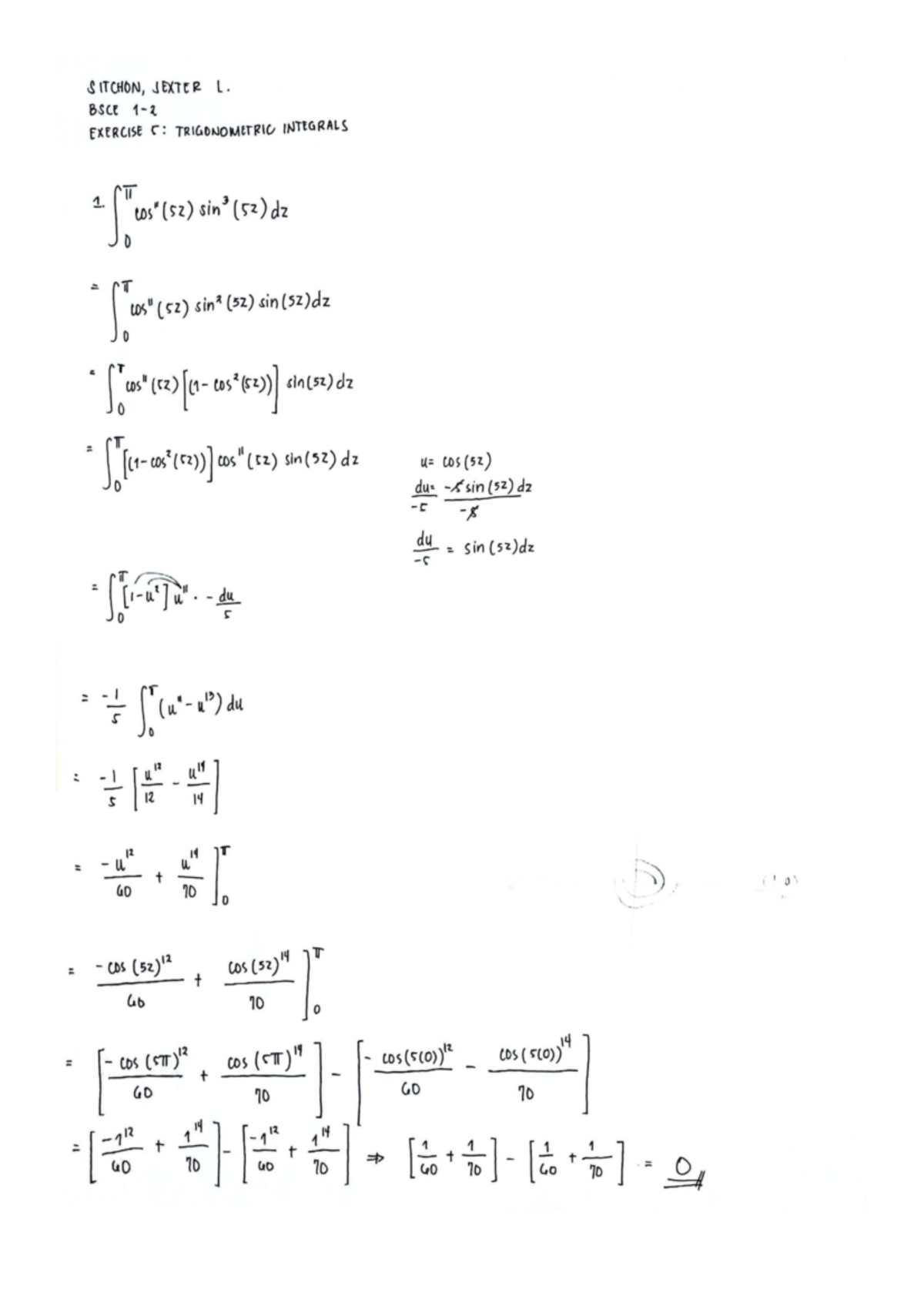 BSCE 1-2 Exercise C: Trigonometric Integrals Analysis - Studocu