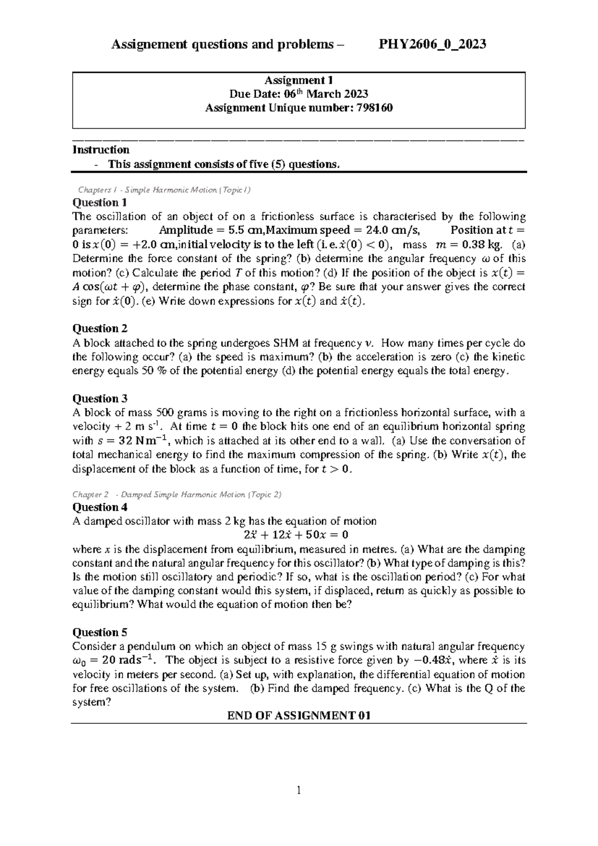 PHY2606 Simple Harmonic Motion & Damping Assignments Overview - Studocu